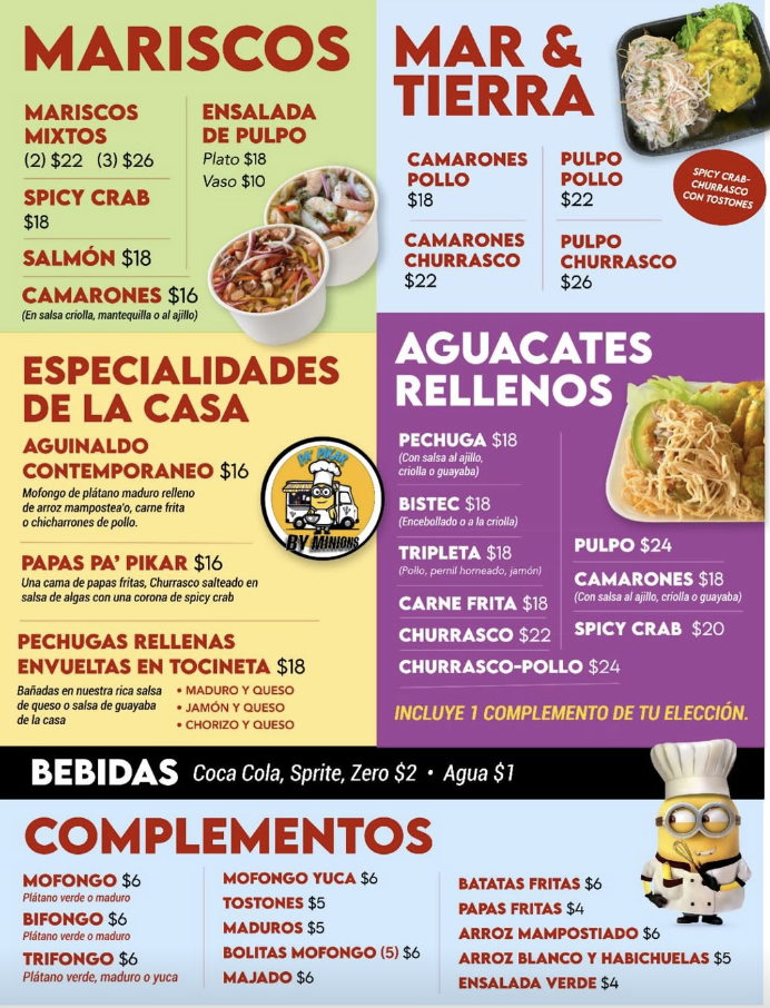 Menú Pa' Pikar by Minions — Mariscos · Mar & Tierra · Aguacates · Especialidades