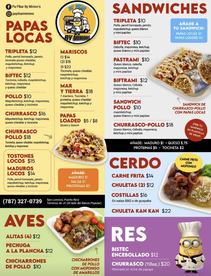 Menú Pa' Pikar by Minions — Papas Locas · Sandwiches · Aves · Cerdo · Res
